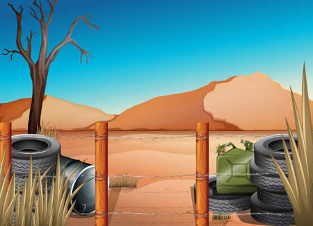 Illustration of a desert with tires and a barbwire fenceのイラスト素材