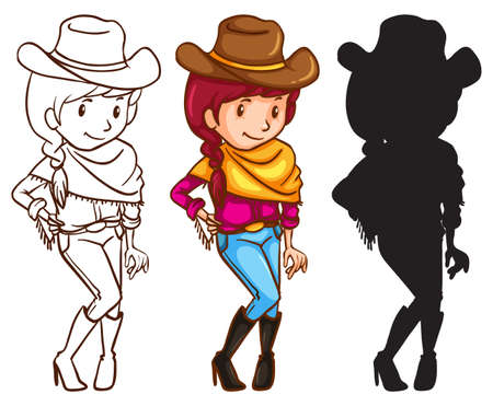 Illustration of the sketches of a cowgirl on a white background  のイラスト素材