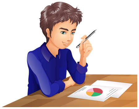 Illustration of a boy thinking while taking an exam on a white backgroundの販売画像