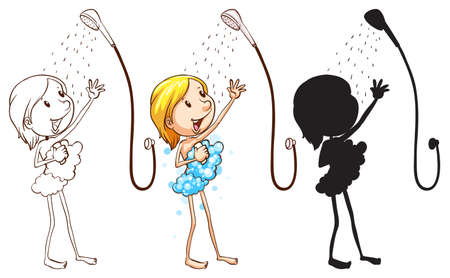 Illustration of the sketch of a girl taking shower on a white backgroundのイラスト素材