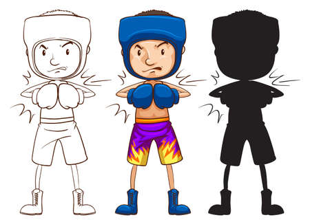 Illustration of a sketch of a male boxer in three different colours on a white backgroundのイラスト素材