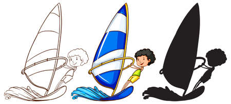Illustration of the sketches of a boy playing with the waves in three colours on a white backgroundのイラスト素材