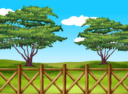 Illustration of a beautiful landscape with a fenceのイラスト素材