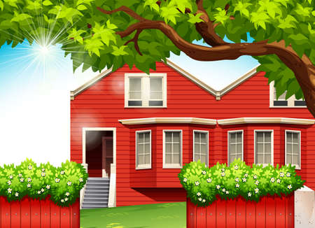 A red house with green plantsのイラスト素材