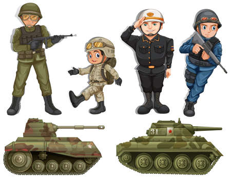 A group of soldiers with tanks on a white backgroundのイラスト素材
