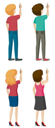 Four people writing on a white backgroundのイラスト素材