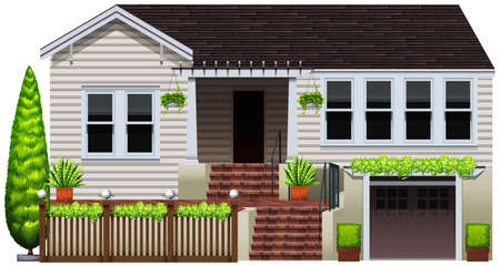 A house with decorative green plants on a white backgroundのイラスト素材