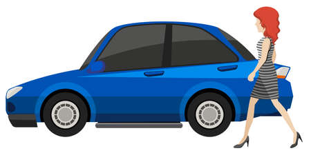 Side view of a blue car with woman walking pass byのイラスト素材