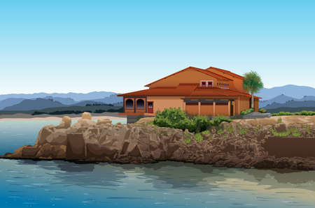 Illustration of a house with an ocean viewのイラスト素材