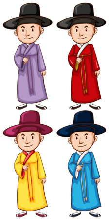 A coloured drawing of the four Asian people on a white backgroundのイラスト素材