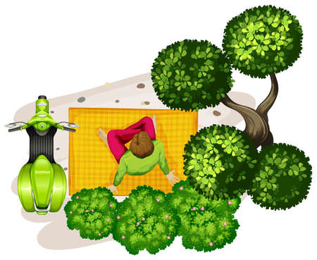 A topview of a boy sitting on a mat beside the motorcycle on a white backgroundのイラスト素材