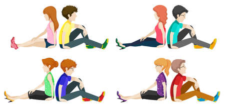 Boys and girls sitting back to back on a white backgroundのイラスト素材