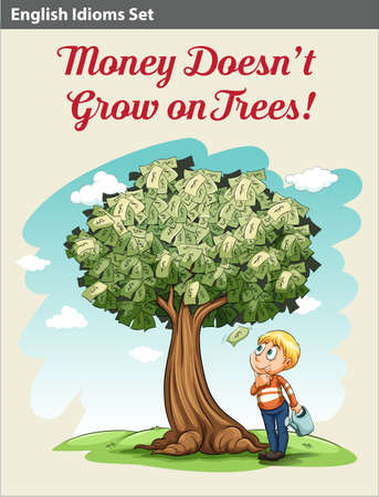 A boy under the money tree looking at the moneyのイラスト素材