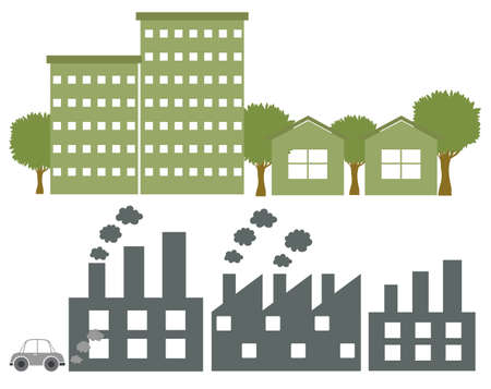 Factories in gray and green colours on a white backgroundのイラスト素材