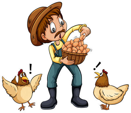 A farmer holding a basket of eggs on a white backgroundのイラスト素材