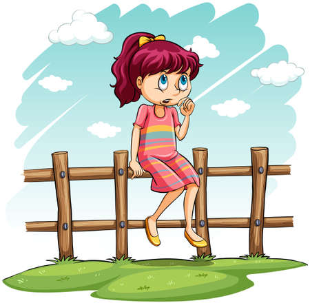 A girl sitting on the fence on a white backgroundのイラスト素材