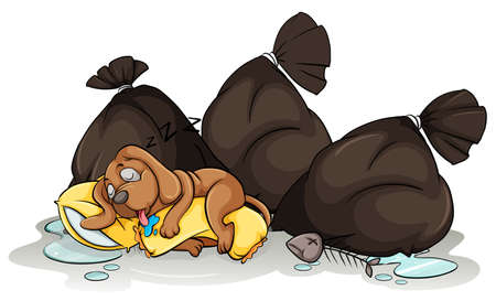 A dog sleeping beside the trash bags on a white backgroundのイラスト素材