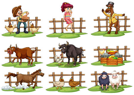 Set of fences with people and animals on a white backgroundのイラスト素材