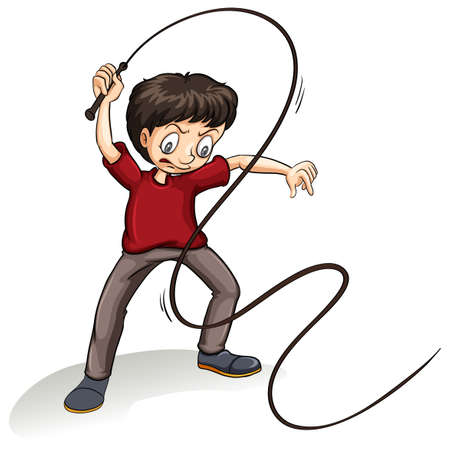 Angry young man holding a rope on a white backgroundのイラスト素材
