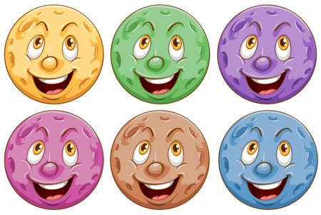 Colourful planets with faces on a white backgroundのイラスト素材