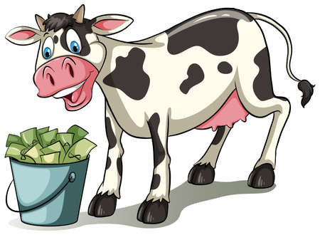 Cow watching the pail full of money on a white backgroundのイラスト素材