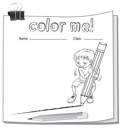 Worksheet showing a boy drawing a line using a big pencil on a white backgroundのイラスト素材