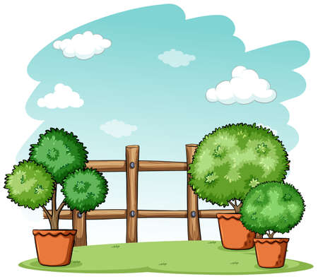 Garden with a wooden fence on a white backgroundのイラスト素材