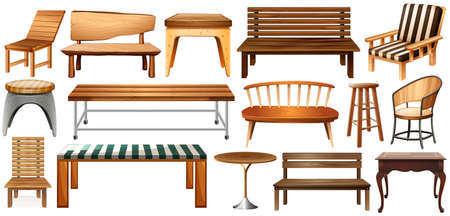 Set of wooden furnitures on a white backgroundのイラスト素材