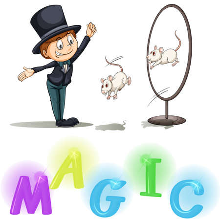 Magician showing his tricks with two mice on a white backgroundのイラスト素材