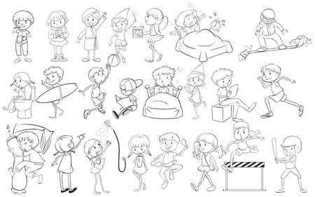 Doodle design of people engaging in different activities on a white backgroundのイラスト素材