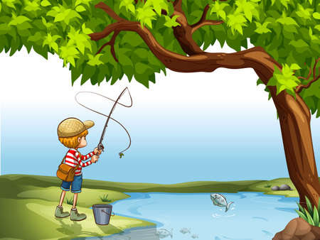 Young boy fishing at the riverのイラスト素材