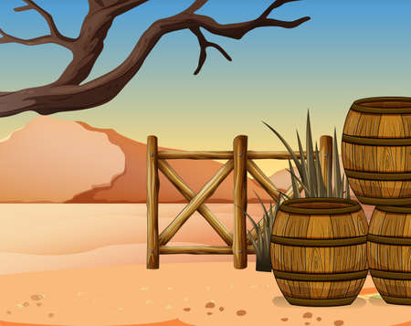 View of the desert with wooden barrelsのイラスト素材
