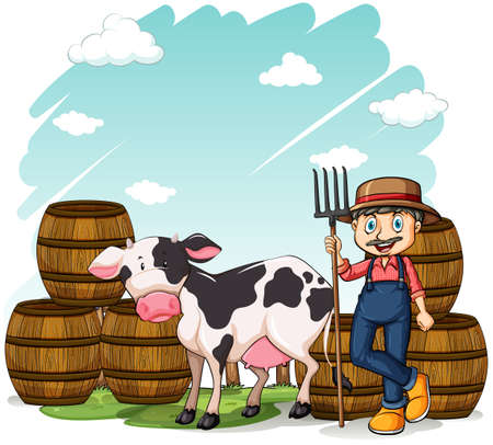 Farmer beside the cow with barrels at the back on a white backgroundのイラスト素材