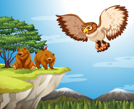 Two bears and an eagle at mountain cliffのイラスト素材