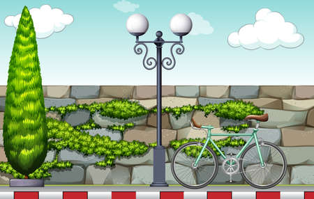 Pedestrain path witha bicycle and a lampのイラスト素材