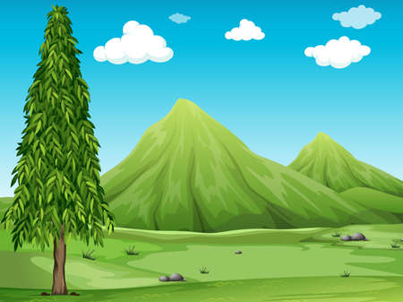 Green field with a tree and mountainsのイラスト素材