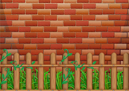 Wall with wooden fence and grassのイラスト素材