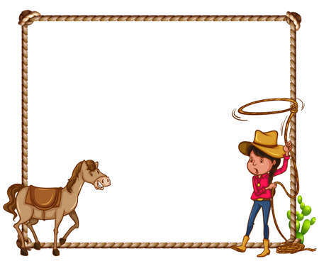 White background with cowgirl and horse frameのイラスト素材