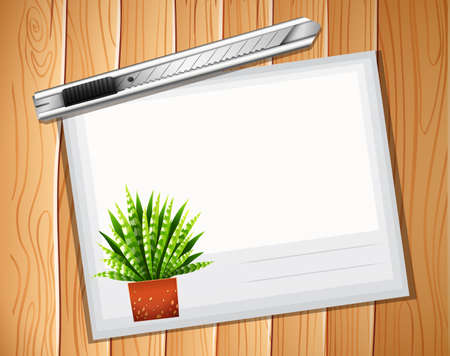An envelop and a cutter on wooden plankのイラスト素材