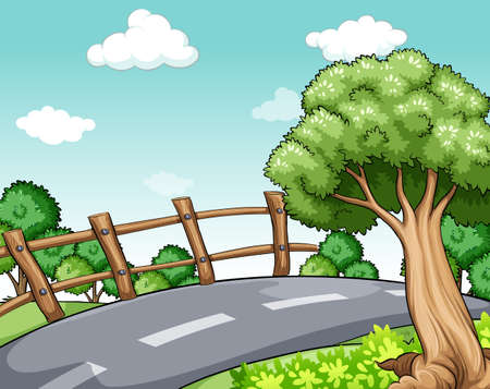 Scenery of a road and trees on the sideのイラスト素材