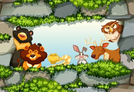 Animals standing in a frame of rocks and green leavesのイラスト素材
