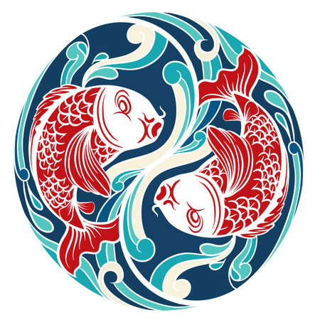 Chinese pattern symbol with two fish and blue backgroundのイラスト素材