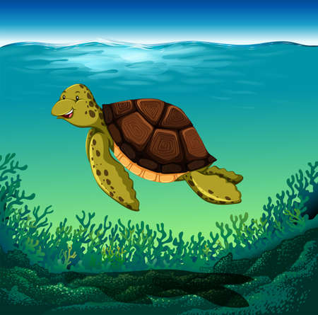 Sea turtle swimming under the seaのイラスト素材