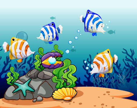 Colorful fish with reefs under the waterのイラスト素材