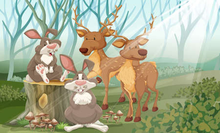 Rabbits and deer in a forestのイラスト素材