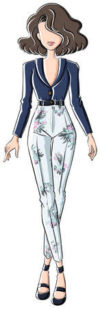 Sketch of a woman in blue top and high waist white pants with flower designのイラスト素材