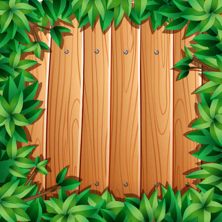 Green leaves frame on wooden planksのイラスト素材