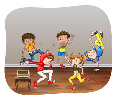 Children dancing in a room on white backgroundのイラスト素材