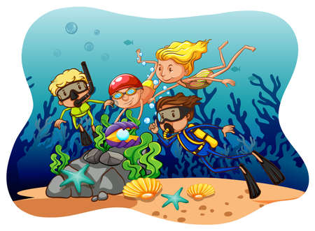People doing scuba diving under the oceanのイラスト素材