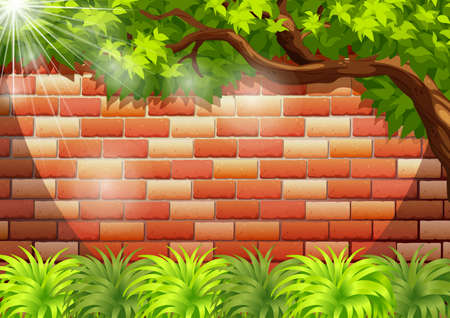 Wall of bricks with green plants and sun shiningのイラスト素材